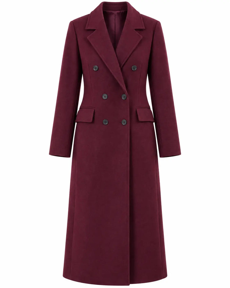 Manteau Long Femme - Aspect Lainage Croisé Revers Crantés Poches Bordeaux