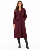 Women's Long Coat – Wool-Look Double-Breasted Notched Lapels Pockets - Burgundy