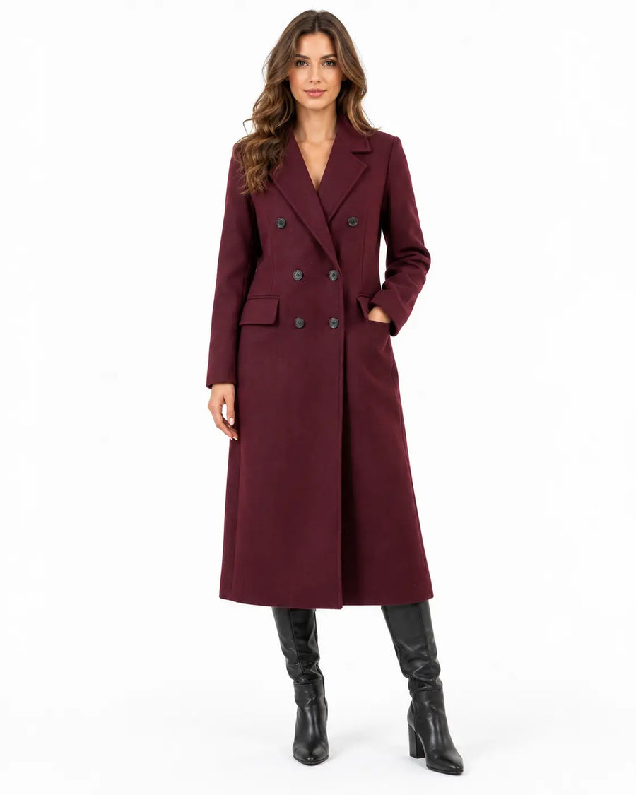 Manteau Long Femme - Aspect Lainage Croisé Revers Crantés Poches Bordeaux porté