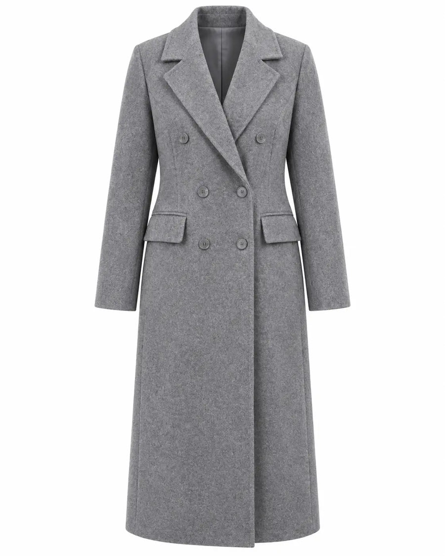 Manteau Long Femme - Aspect Lainage Croisé Revers Crantés Poches Gris