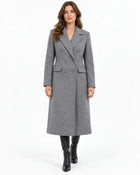 Women's Long Coat – Wool-Look Double-Breasted Notched Lapels Pockets - Grey