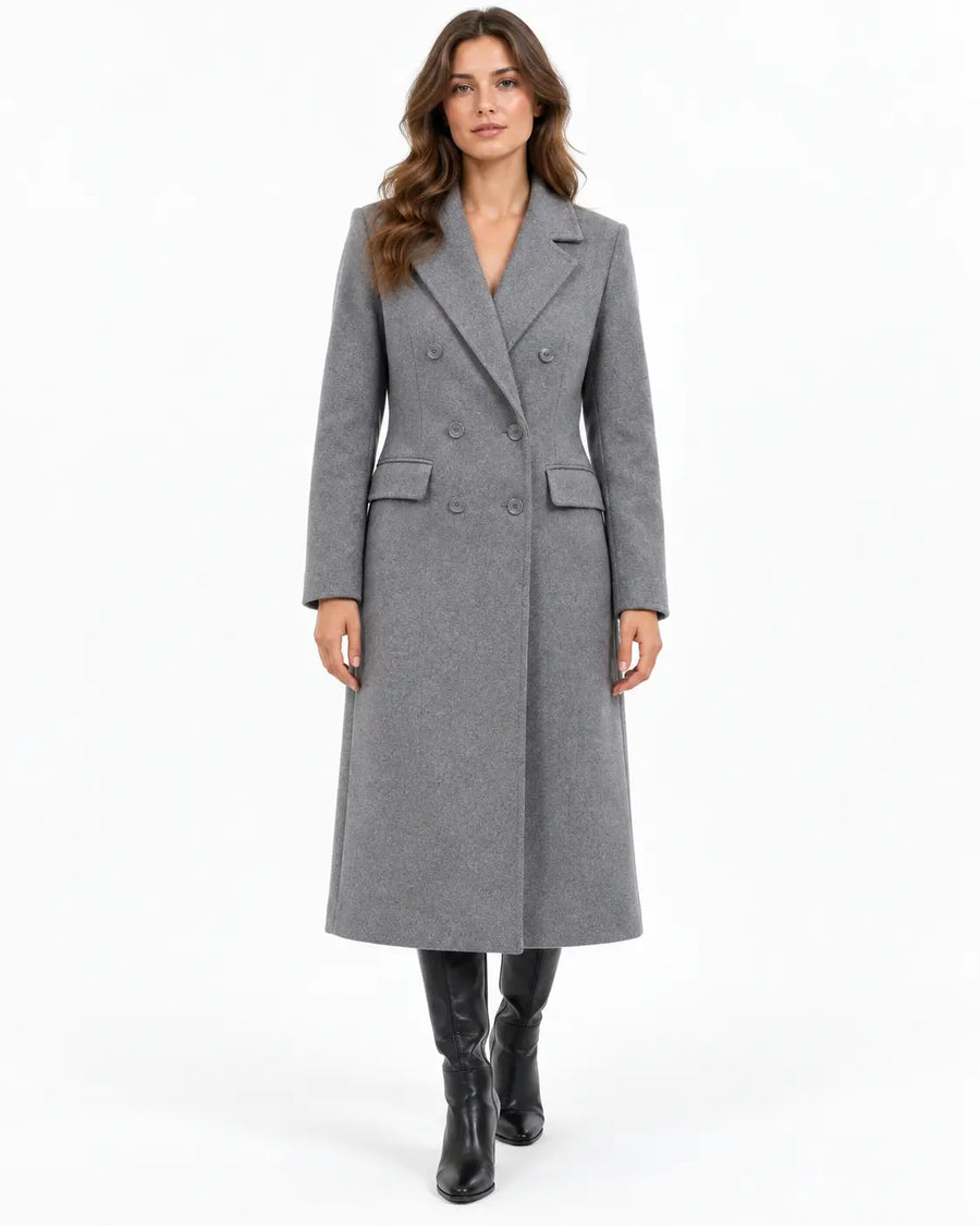 Manteau Long Femme - Aspect Lainage Croisé Revers Crantés Poches Gris porté