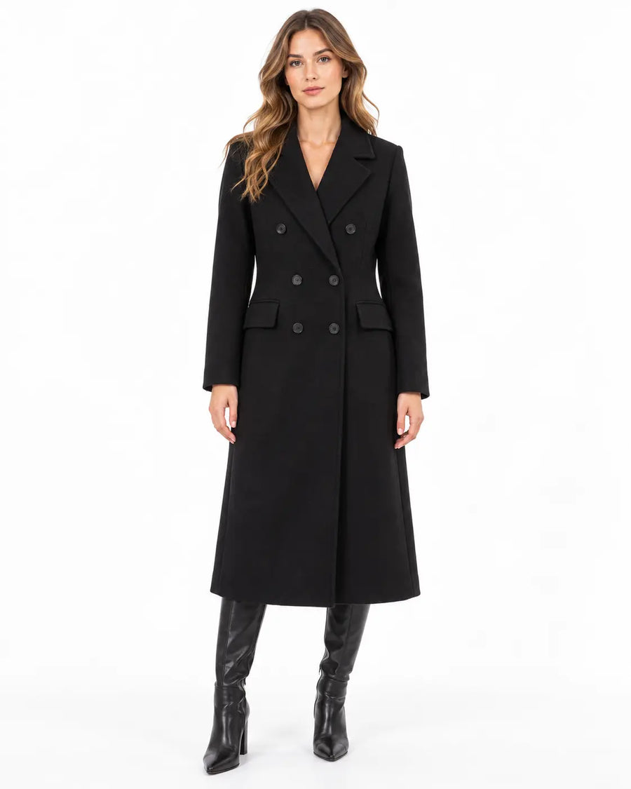 Manteau Long Femme - Aspect Lainage Croisé Revers Crantés Poches Noir porté