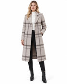 Women's Long Checked Straight-Cut Coat with Lapel Collar - Grey