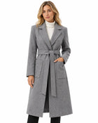 Women's Long Coat – Tie Belt Lapel Collar Patch Pockets - Grey
