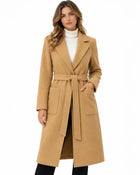 Women's Long Coat – Tie Belt Lapel Collar Patch Pockets - Brown