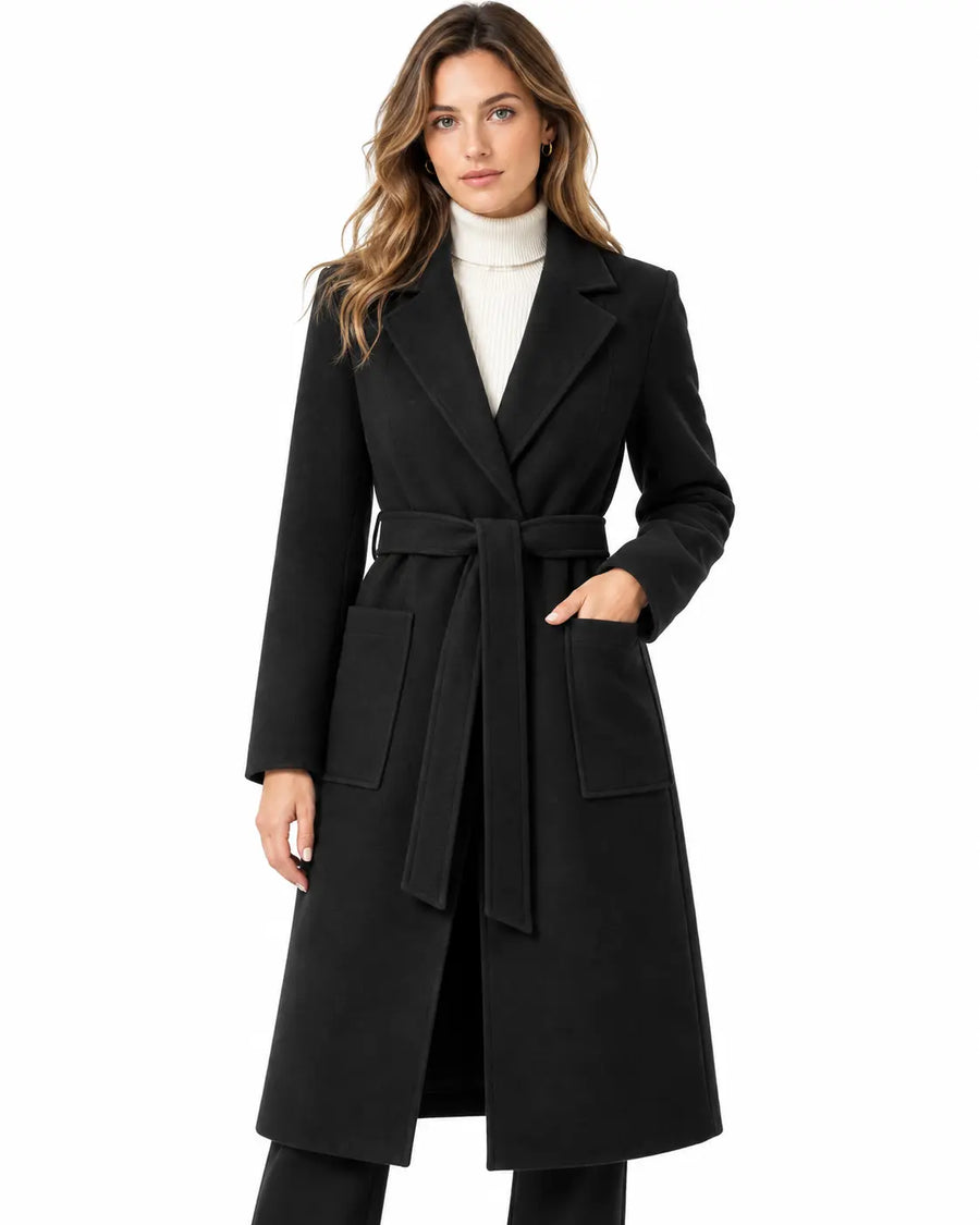 Women's Long Coat – Tie Belt Lapel Collar Patch Pockets