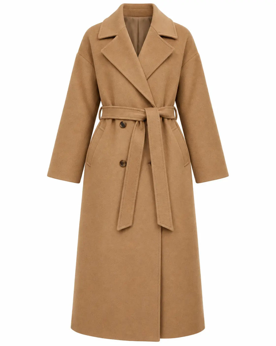 Manteau Long Femme - Oversize Col Cranté Ceinture à Nouer Marron