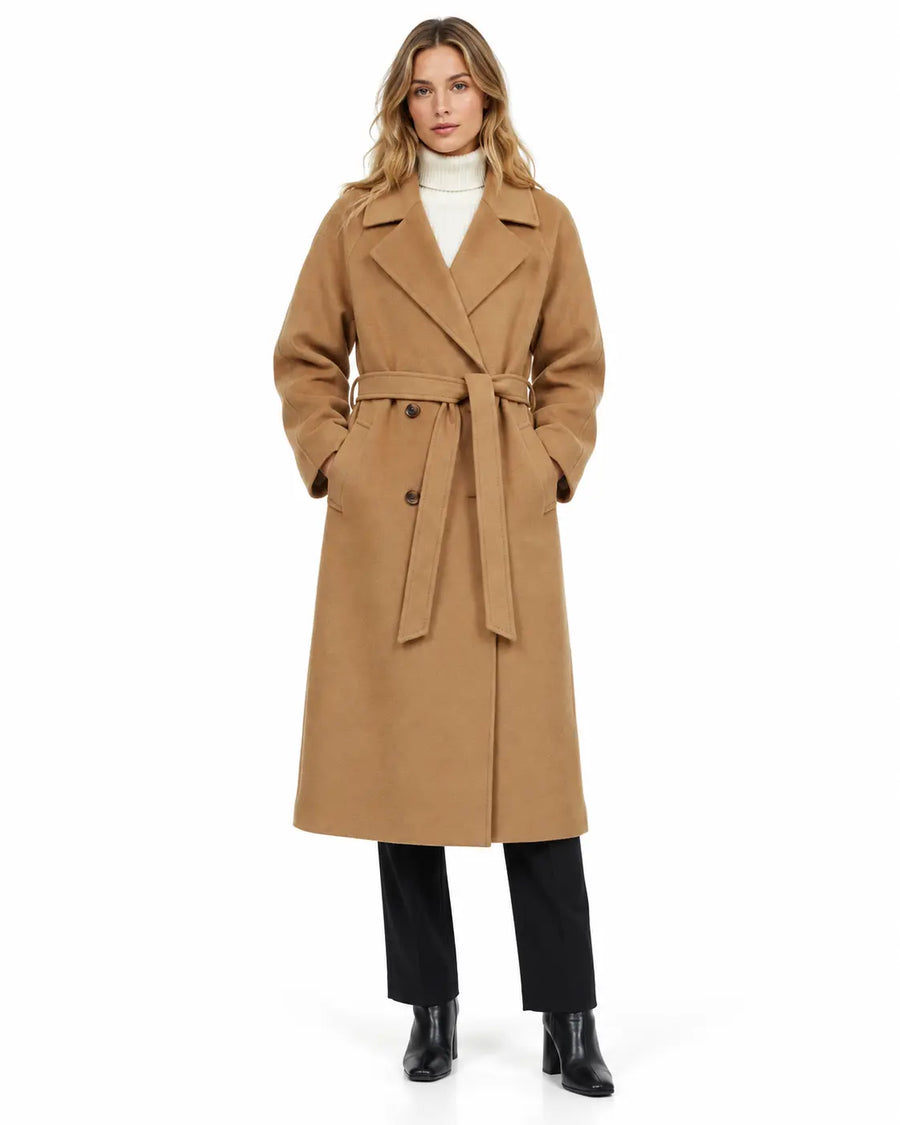 Manteau Long Femme - Oversize Col Cranté Ceinture à Nouer Marron porté