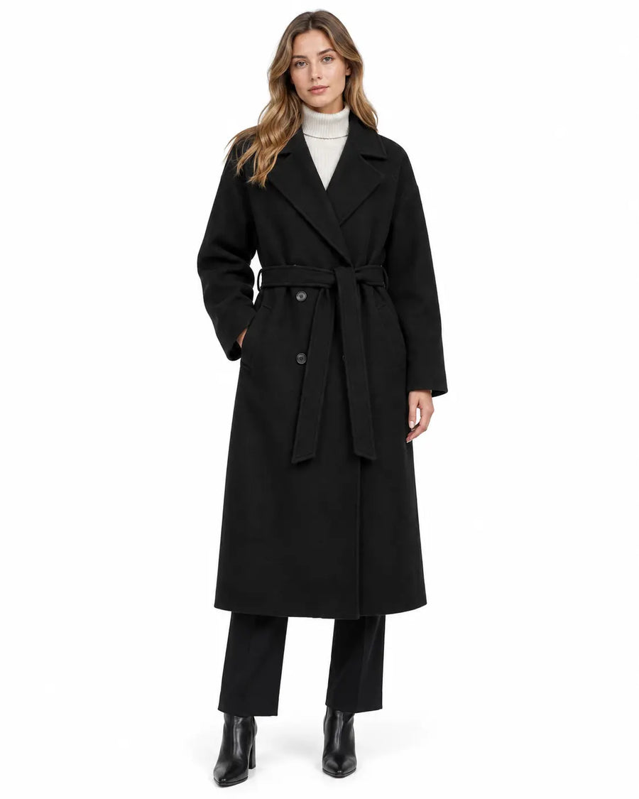 Manteau Long Femme - Oversize Col Cranté Ceinture à Nouer Noir porté