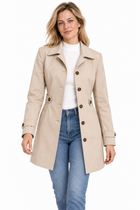 Women's Trench Coat – Long Double-Breasted Notch Collar Prince of Wales Check - Beige