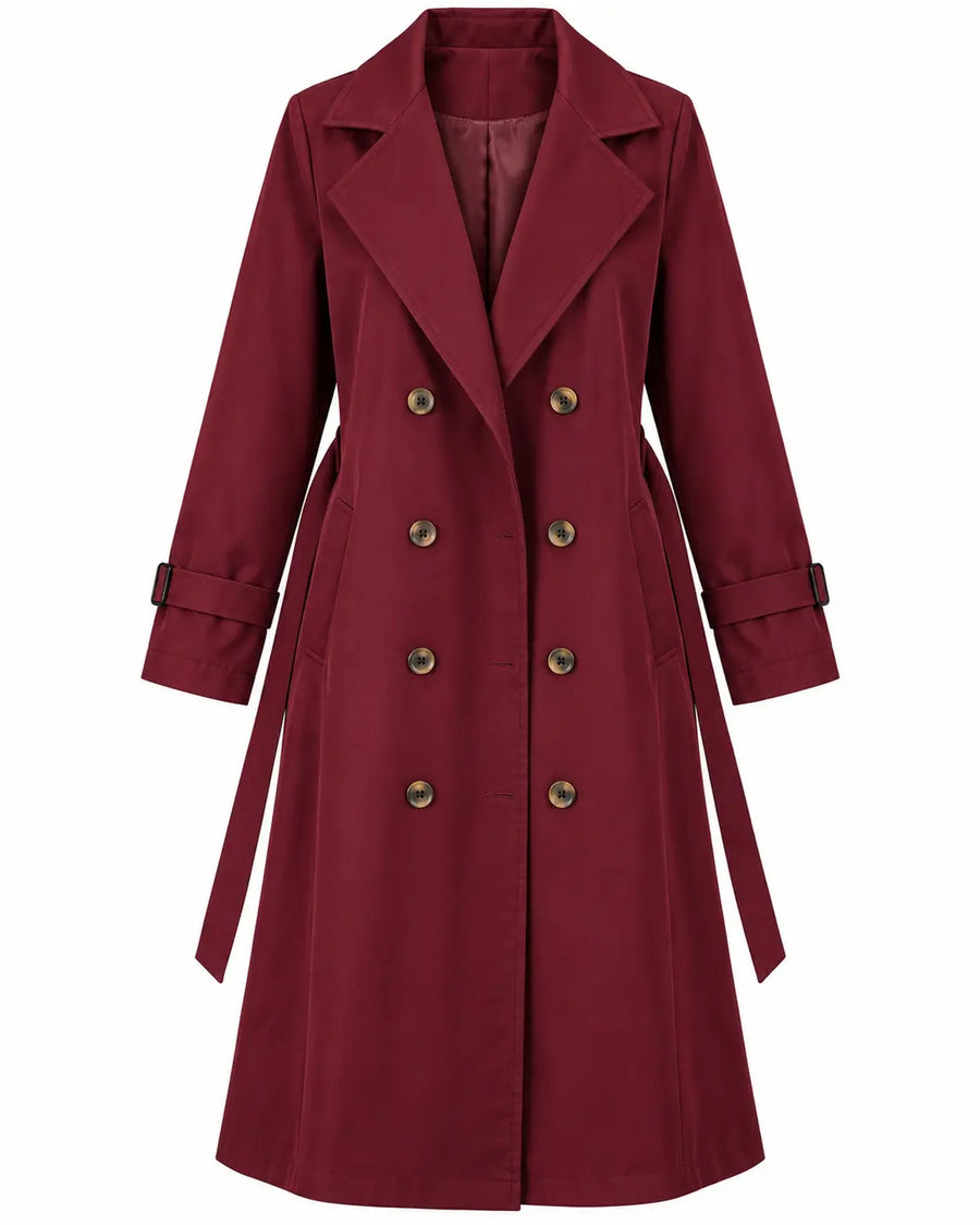 Manteau Trench Femme - Long Col Cranté Croisé Coupe Fluide Bordeaux