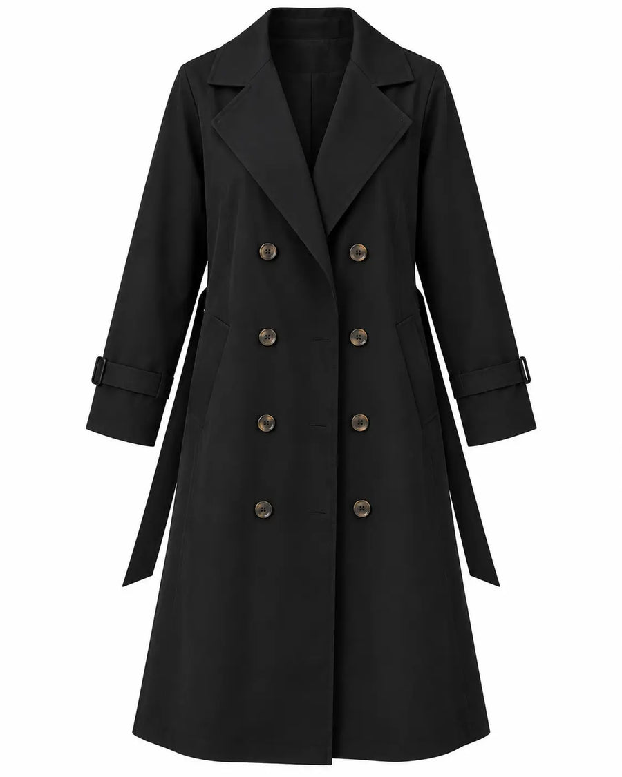Manteau Trench Femme - Long Col Cranté Croisé Coupe Fluide Noir