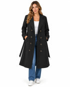 Women's Trench Coat – Long Double-Breasted Notch Collar Fluid Cut - Black