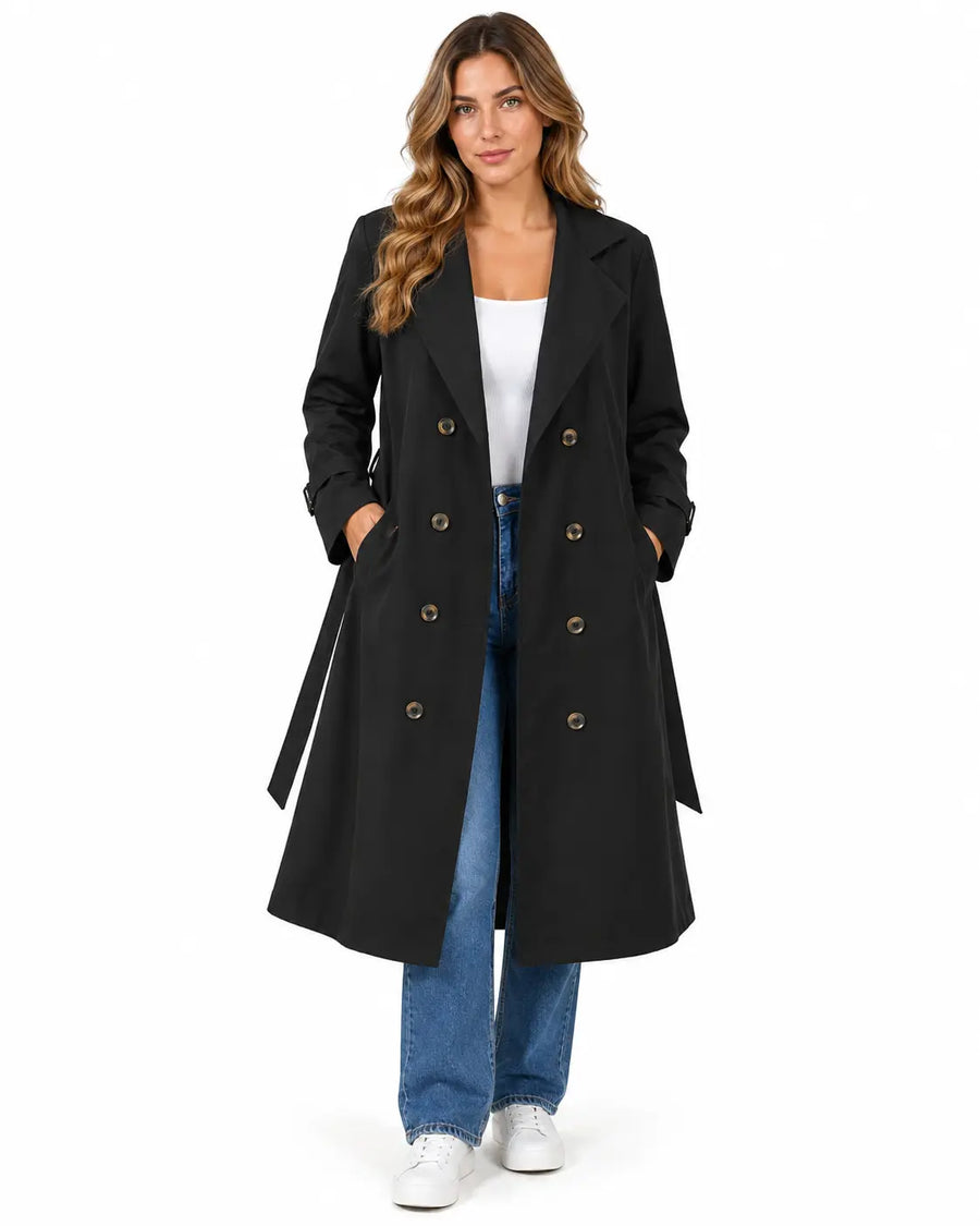 Manteau Trench Femme - Long Col Cranté Croisé Coupe Fluide Noir porté
