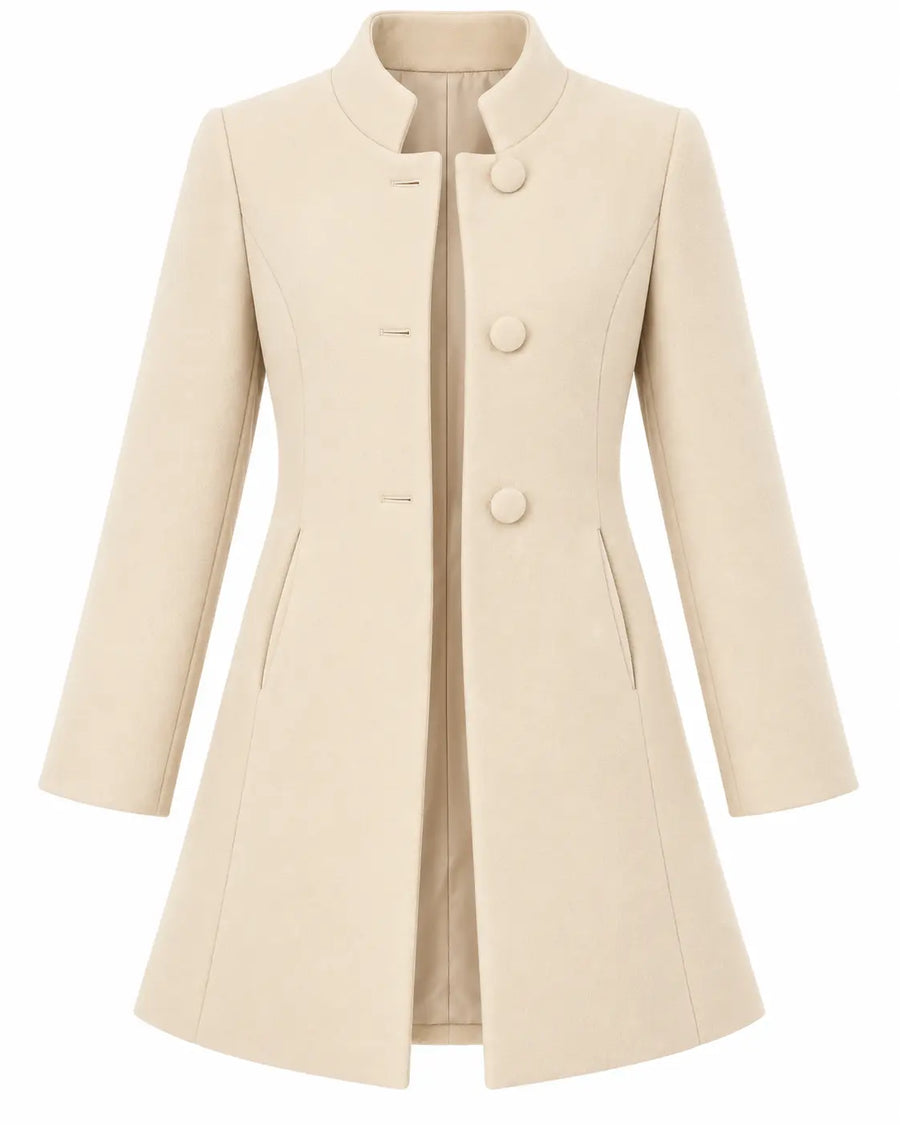Manteau Trench Femme - Mi-Long Drap de Laine Col Montant Boutonné Abricot