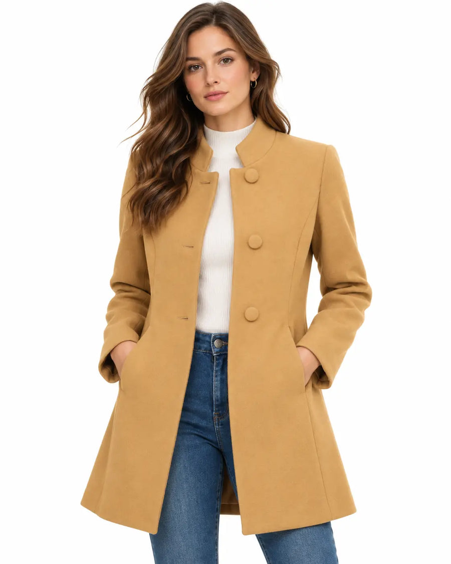 Manteau Trench Femme - Mi-Long Drap de Laine Col Montant Boutonné Abricot porté