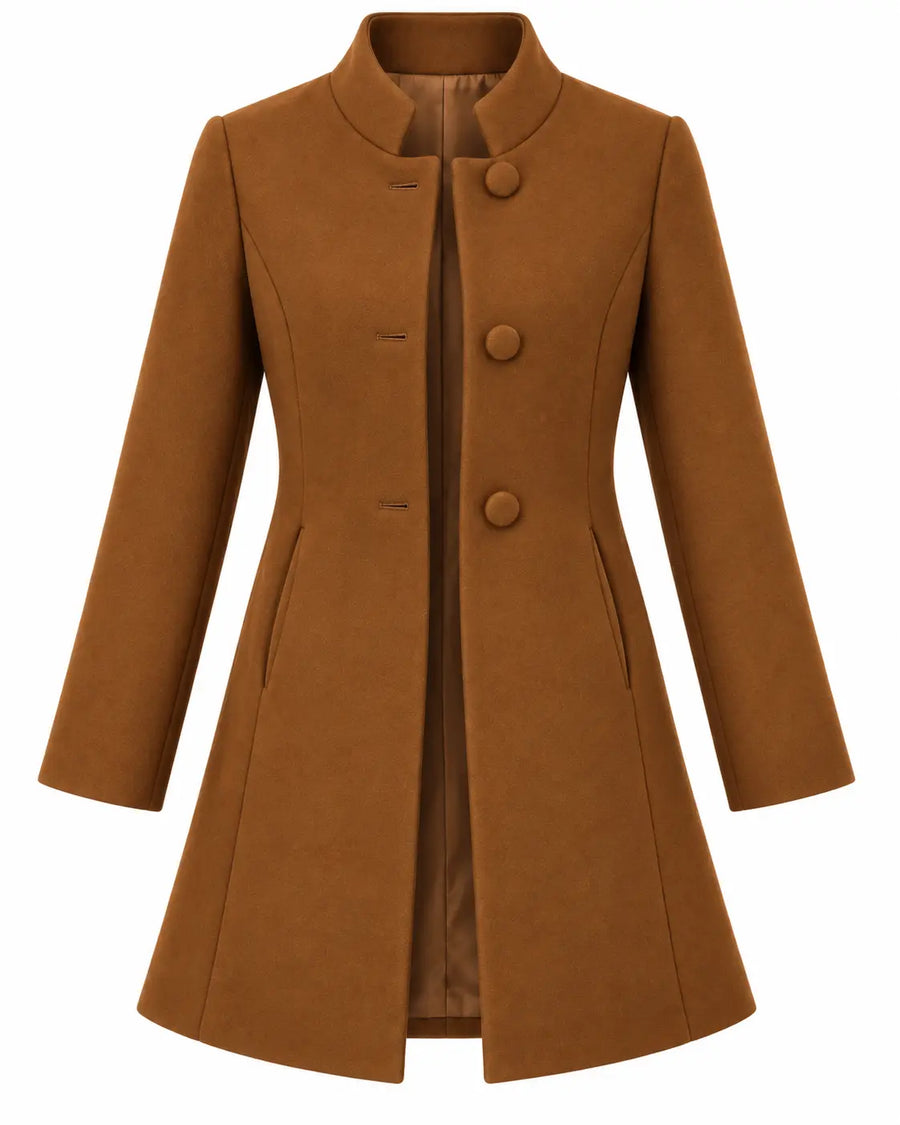 Manteau Trench Femme - Mi-Long Drap de Laine Col Montant Boutonné Marron