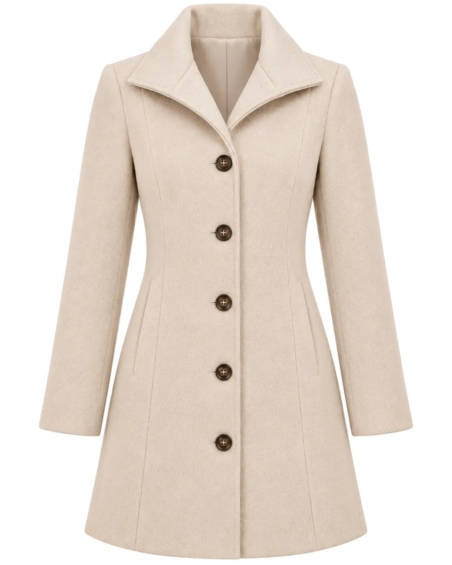 Manteau Trench Femme - Mi-Long Lainage Col Chemise Poches Abricot