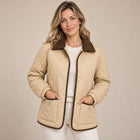 Women's Cropped Quilted Jacket – Check Pattern Contrast Collar - Yellowish Brown