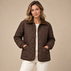 Women's Cropped Quilted Jacket – Check Pattern Contrast Collar - Coffee