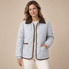 Women's Cropped Quilted Jacket – Check Pattern Contrast Collar - Silver Grey