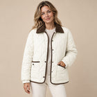 Women's Cropped Quilted Jacket – Check Pattern Contrast Collar - Milk White