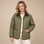 Women's Cropped Quilted Jacket – Check Pattern Contrast Collar - Military Green