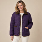 Women's Cropped Quilted Jacket – Check Pattern Contrast Collar - Dark Purple