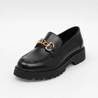Women's Black Platform Loafers – Gold Buckle Chunky Sole - Matte Black