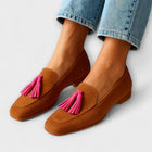 Women's Camel Suede-Effect Loafers with Pink Tassels - Rosy Brown