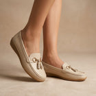 Women's Loafers – Flat Penny Loafers with Tassels - Beige