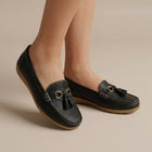 Women's Loafers – Flat Penny Loafers with Tassels - Black
