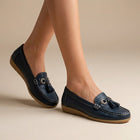 Women's Loafers – Flat Penny Loafers with Tassels - Dark Blue