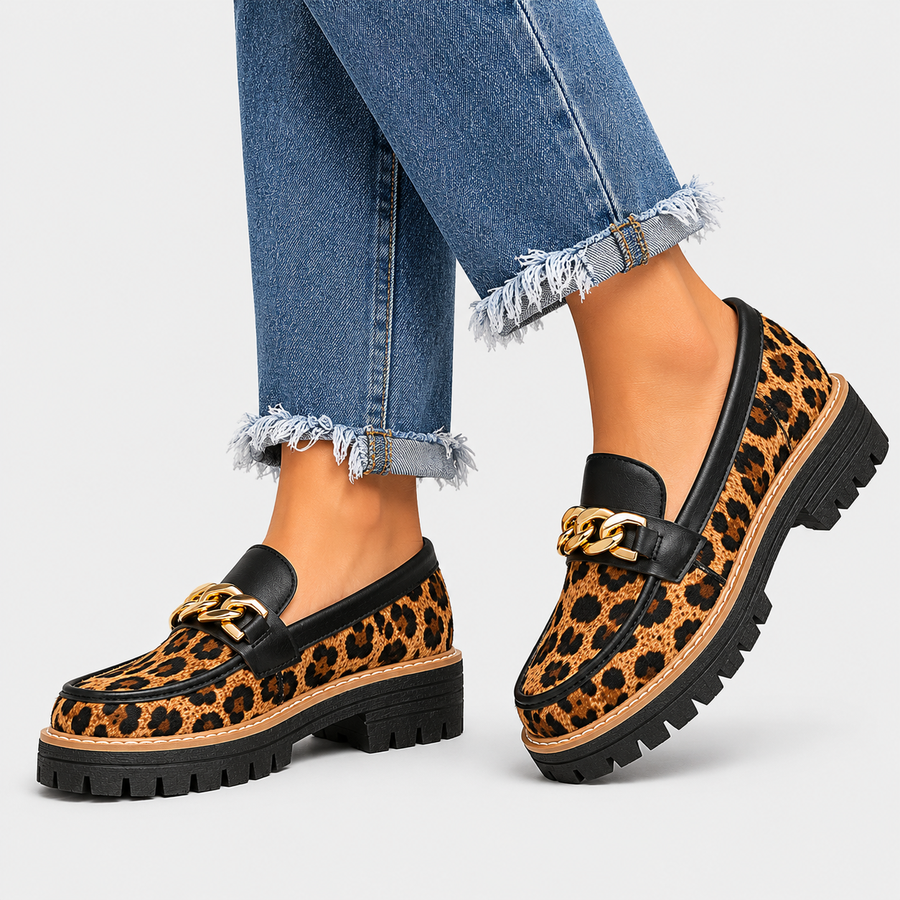 Mocassin femme imprimé léopard plateforme - vue trois quart