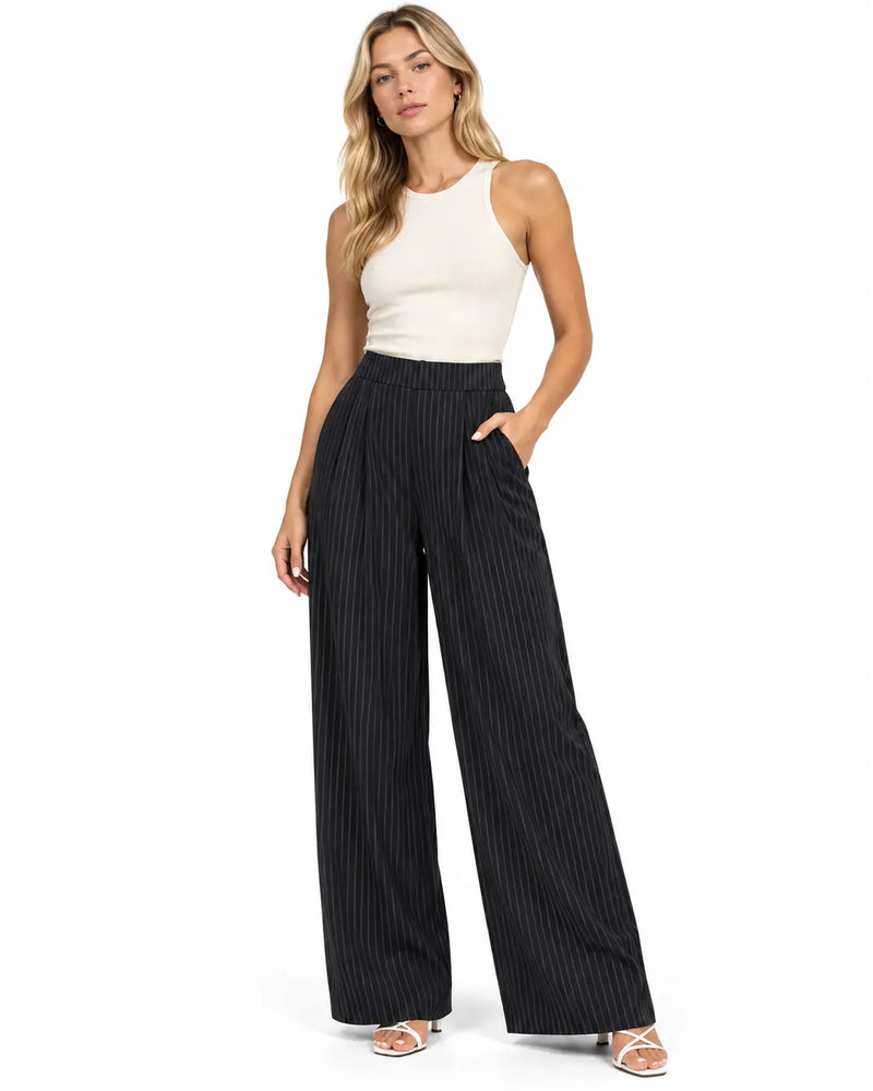 Pantalon Large Femme - Taille Haute Empiècement Croisé Noir porté