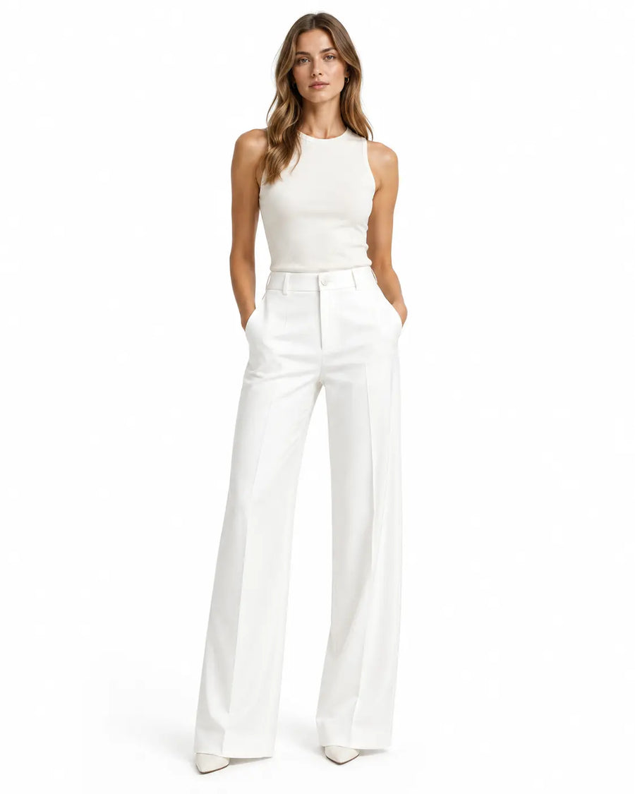 Pantalon Tailleur Femme - Coupe Large Taille Haute Poches Latérales Blanc porté