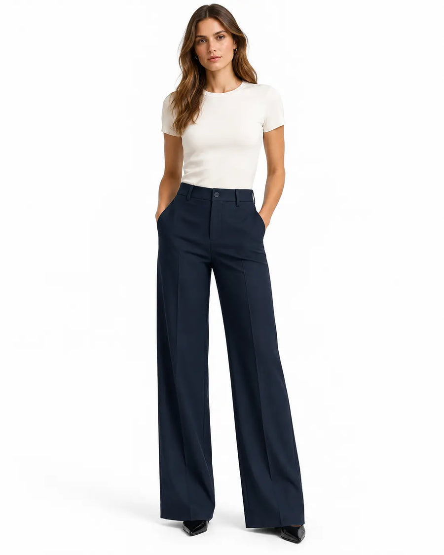 Pantalon Tailleur Femme - Coupe Large Taille Haute Poches Latérales Bleu porté