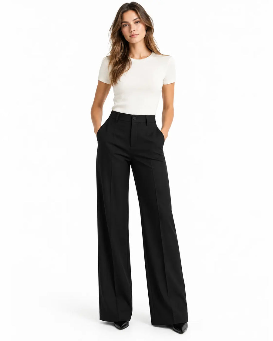Pantalon Tailleur Femme - Coupe Large Taille Haute Poches Latérales Noir porté