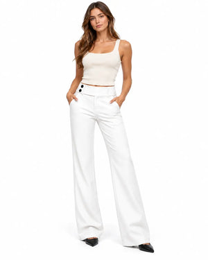 Pantalon Tailleur Femme - Évasé Taille Basse Ceinture Large Blanc porté