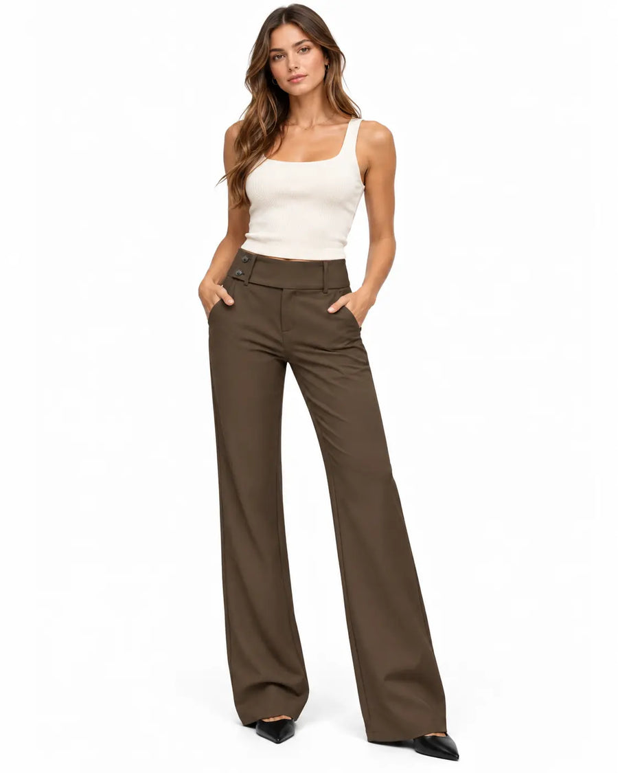 Pantalon Tailleur Femme - Évasé Taille Basse Ceinture Large Marron porté
