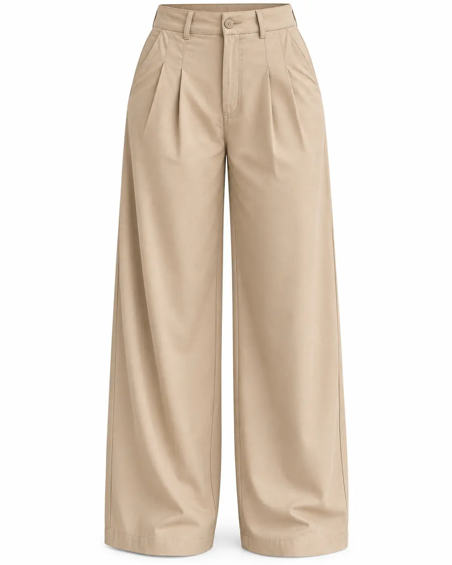 Pantalon Tailleur Femme - Jambe Large Taille Haute à Pinces Beige