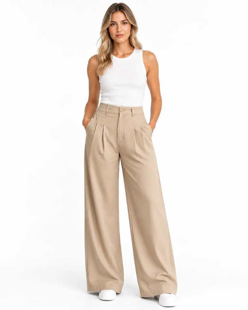 Pantalon Tailleur Femme - Jambe Large Taille Haute à Pinces Beige porté