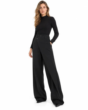 Pantalon Tailleur Femme - Taille Haute Ceinture Asymétrique Gris foncé porté