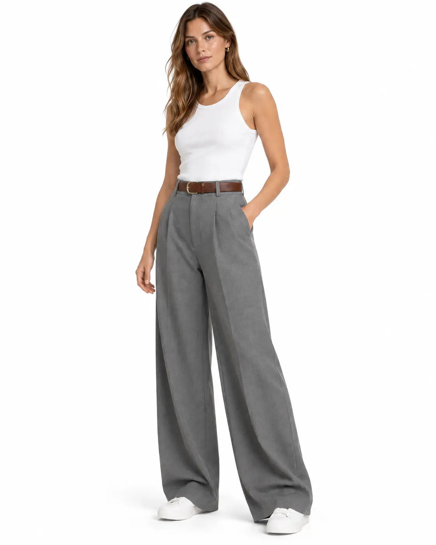 Pantalon Tailleur Femme - Taille Haute Coupe Large à Plis Avant Gris porté