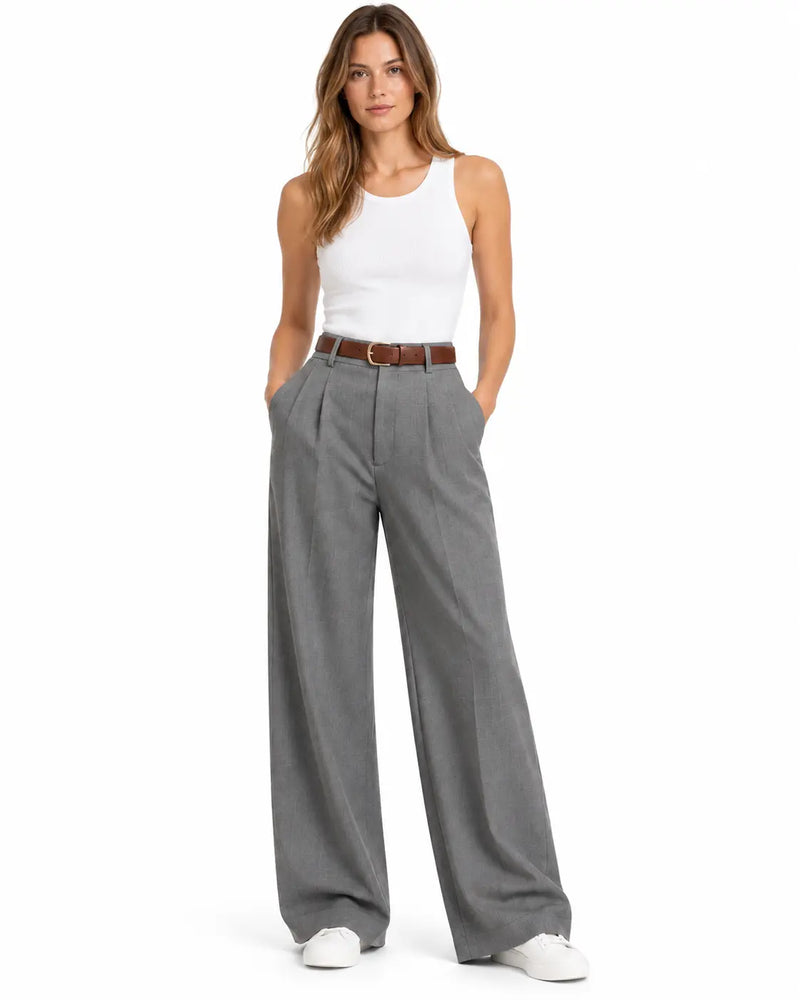 Pantalon Tailleur Femme - Taille Haute Coupe Large à Plis Avant Gris porté