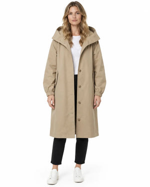 Parka Femme - Longue Oversize à Capuche Boutonnage Simple Poches Beige porté