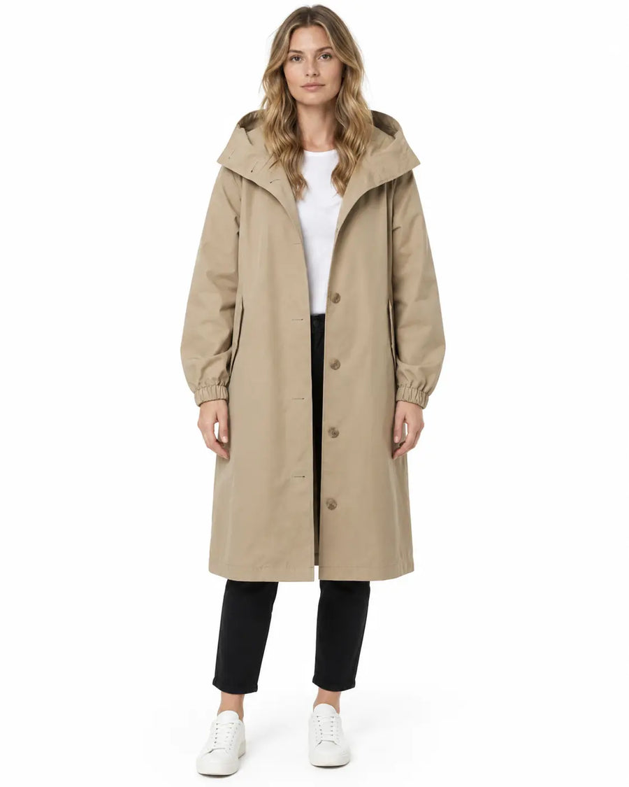 Parka Femme - Longue Oversize à Capuche Boutonnage Simple Poches Beige porté