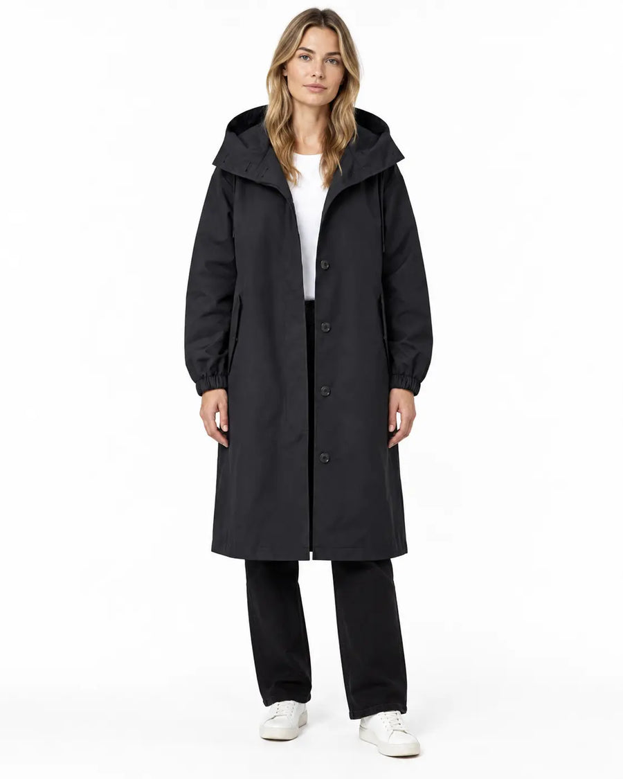 Parka Femme - Longue Oversize à Capuche Boutonnage Simple Poches Noir porté