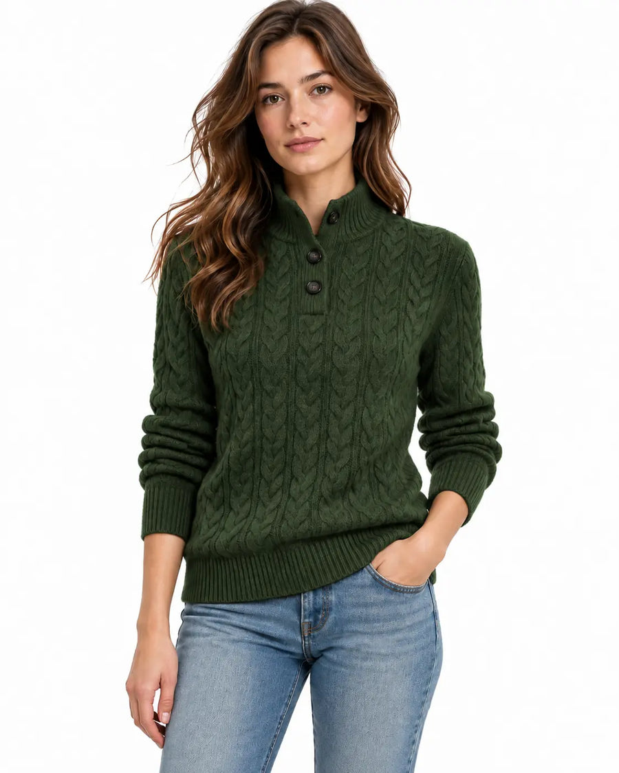 Pull Femme Boutonné Maille Torsadée Olive porté
